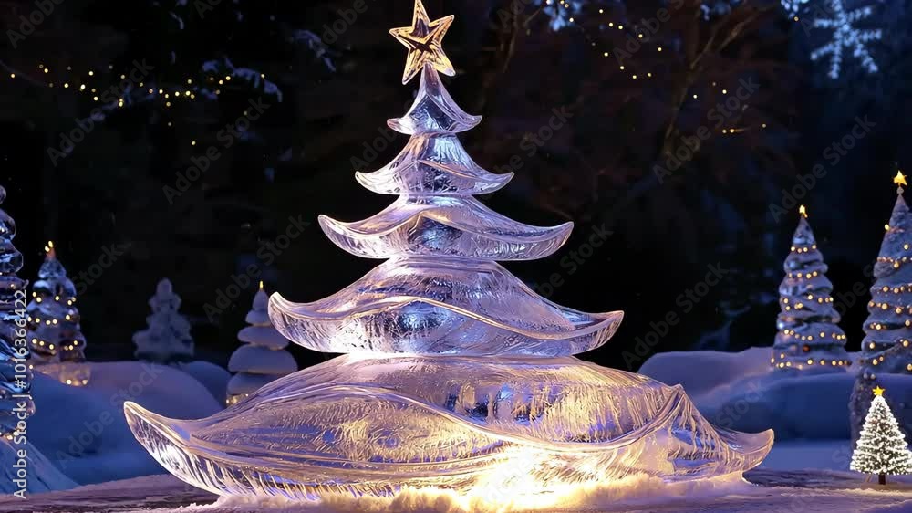 Poster a large, lit up christmas tree made of ice. the tree is surrounded by smaller trees, creating a fest