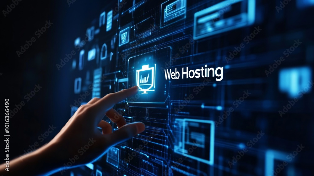 Poster hand pointing at a web hosting icon on a digital screen, symbolizing the concept of online presence 