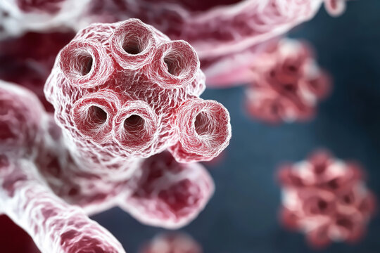 Microscopic view of alveoli in the lung tissue showing detailed structure of air sacs. Highly magnified cellular anatomy with intricate networks of bronchioles and capillaries.