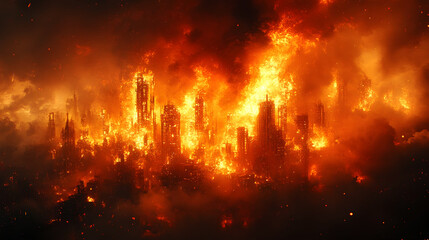 Fototapeta premium A catastrophic wildfire rages through a densely populated urban landscape,with towering skyscrapers and buildings consumed by intense flames and thick billowing smoke.