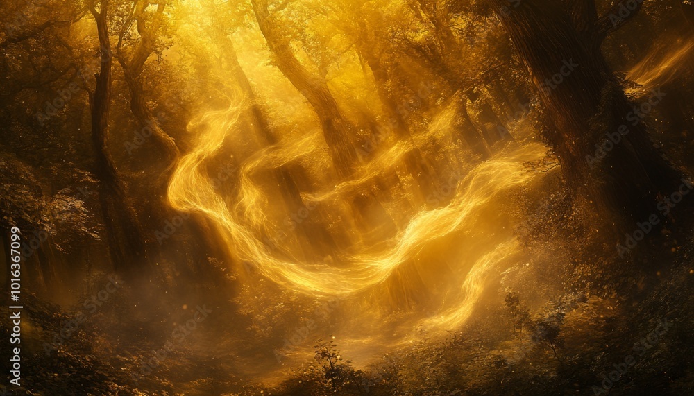 Poster a magical, ethereal glow shines through the trees in a dense forest, creating a mystical and otherwo