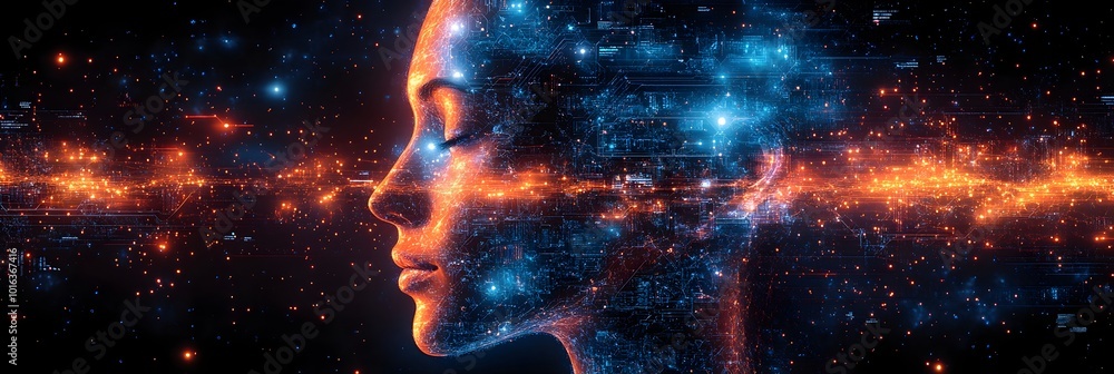 Poster a futuristic digital portrait of an ethereal,glowing face emerging from a cosmic space of data,light