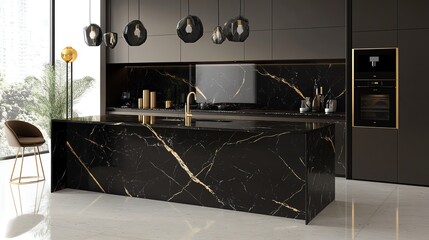 Modern kitchen interior with black marble countertop and gold accents.