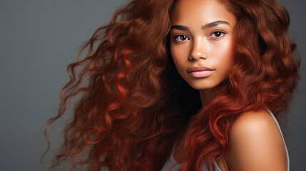 Portrait of smiling African American girl with long red hair gray background banner.