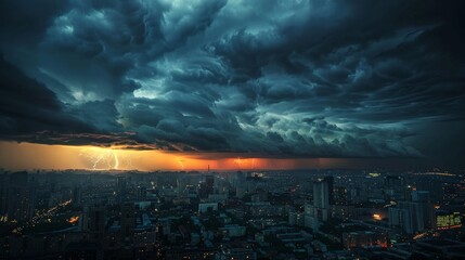 Thunderstorm with dark clouds and lightning strikes over a cityscape, highlighting dramatic weather