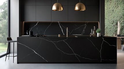 Modern kitchen with black marble countertop and gold pendant lights.