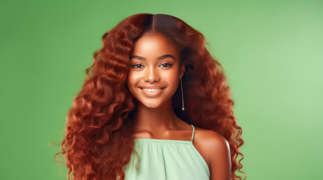 Portrait of smiling African American girl with long red hair green background banner.