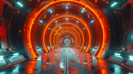 Futuristic Neon Speed Tunnel with Glowing Orange and Blue Lights at Night, Sci-Fi Concept, High-Tech Transport Passageway, Innovation and Speed Theme