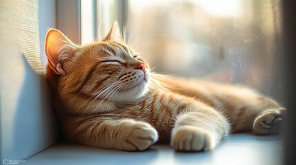 A Ginger Cat Napping in a Sunbeam by a Window