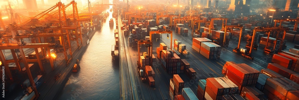 Poster Aerial panoramic view of a bustling container port with rows of shipping cargo containers,towering cranes,and a dense urban skyline in the background.
