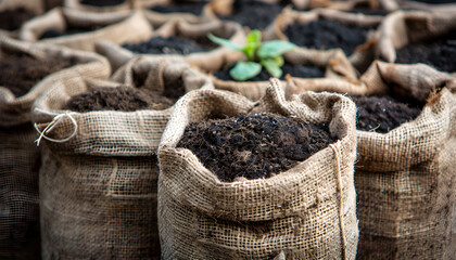 Obraz premium Burlap sacks filled with rich, dark peat soil, essential for plant nutrition and soil conditioning