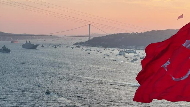 Turkish Flag ind October 29 Republic Day Celebrations (29 Ekim Cumhuriyet Bayramı Kutlamaları) Drone Video, July 15 Martyrs Bridge &Ccedil;engelk&ouml;y, &Uuml;sk&uuml;dar Istanbul, Turkey (Turkey)
