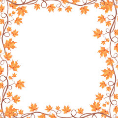 Autumn maple leaves on twigs. Template postcard with copy space. Fall frame to Harvest fest. Hand drawn watercolor illustration isolated. Natural background for invitation, card, thanksgiving, textile