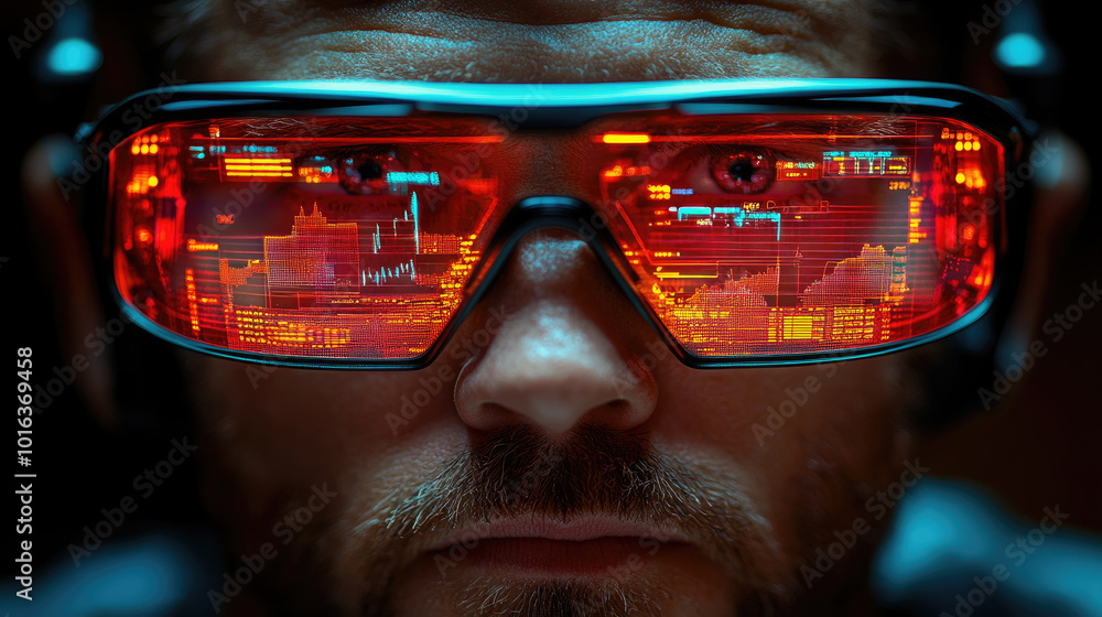 Poster a person focuses intensely while wearing advanced ar glasses, displaying data and charts in a dimly 