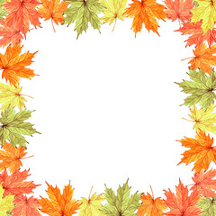 Autumn maple leaves. Template postcard with copy space. Hand drawn watercolor illustration isolated. Fall frame square for Harvest fest or Halloween. Natural background for Thanksgiving, sale, textile