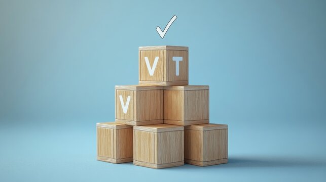 Wooden blocks stacked in a pyramid shape with the letters VVT on top and a checkmark above.