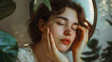 Fototapeta premium Young woman applying skincare in front of a mirror during morning routine with natural light
