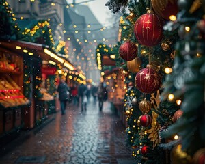 Christmas markets with festive decorations and stalls, vibrant and joyful, Urban, Bright hues, Photograph, Holiday spirit