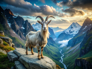 Obraz premium Majestic goat standing on rocky ledge in mountains, surrounded by breathtaking scenery. dramatic landscape features towering peaks and serene valley below, evoking sense of adventure and tranquility