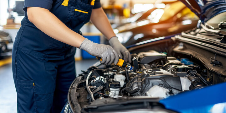 Automechaniker &uuml;berpr&uuml;ft den Motorraum enes Autos auf Sch&auml;den
