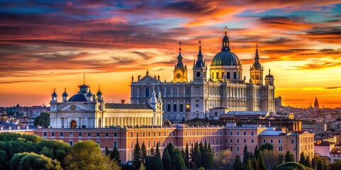 Fototapeta premium Stunning Silhouette of Madrid City Monuments at Dusk - Captivating Skyline Views