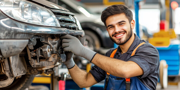 Junger KFZ-Mechaniker repariert Frontschaden unter der Sto&szlig;stange