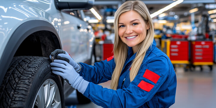Mechanikerin f&uuml;r Reifen- und Vulkanisationstechnik pr&uuml;ft einen Autoreifen in der Werkstatt