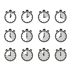 Time and clock icon set. Half past of the clock sign.Complete twelve hours pointed clockwise o'clock vector illustration. Analog wall clocks icons set.