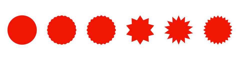 Set of red starburst. Price sticker, sale sticker, price tag, starburst, quality mark, retro stars, sale or discount sticker, sunburst badges, sun ray frames, promotional badge set, shopping labels