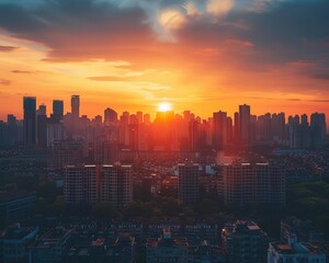 Fototapeta premium Cityscapes during golden hour with warm sunlight, picturesque and serene, Urban, Warm tones, Photograph, Urban beauty