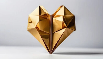 Golden origami heart on gray background, ai