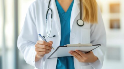 Close up of a doctor s hands writing medical notes on a clipboard during a patient checkup or physical examination  The image depicts the healthcare professional documenting observations test results