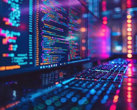 Code displayed on a computer screen with vibrant colors, dynamic and technological, Urban, Cool tones, Photograph, Programming