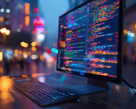 Code displayed on a computer screen with vibrant colors, dynamic and technological, Urban, Cool tones, Photograph, Programming