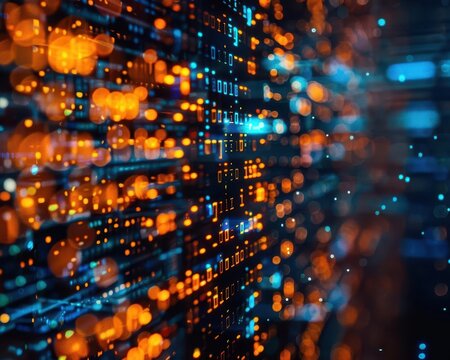 Code displayed on a computer screen with vibrant colors, dynamic and technological, Urban, Cool tones, Photograph, Programming