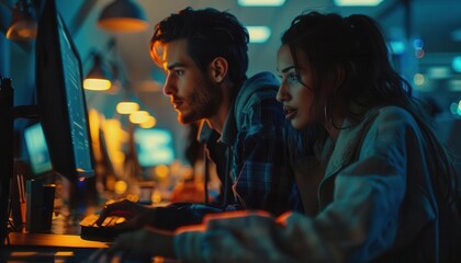 Obraz premium Coders working collaboratively in modern tech offices, dynamic and innovative, Urban, Cool tones, Photograph, Tech collaboration