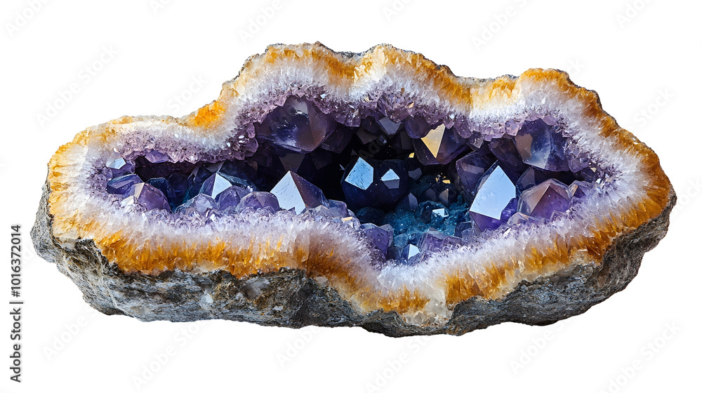 Poster captivating closeup of a stunning crystal geode specimen isolated on a clean white background,perfec