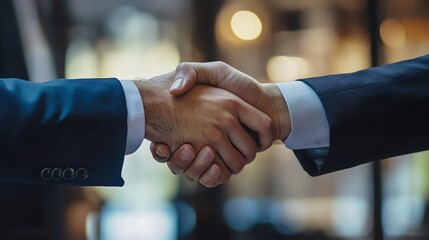 Two people shaking hands over a table with a clipboard.