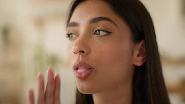 Portrait surprised amazed wondering Indian woman Arabian girl Latina female say wow open mouth big eyes reaction amazing good news achievement at home looking at camera happy excited face win success