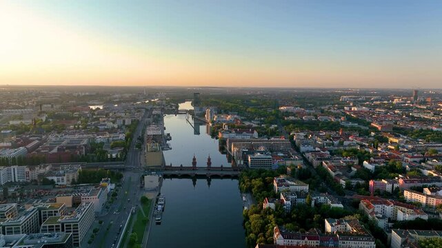 City of Berlin, Germany from above. Aerial cityscape view showing architectural landmarks Oberbaum Bridge