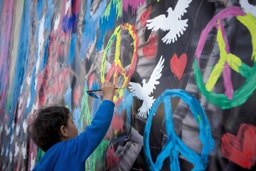 A young boy joyfully paints a peace sign on a wall, covering war imagery with colorful symbols of peace and love.
