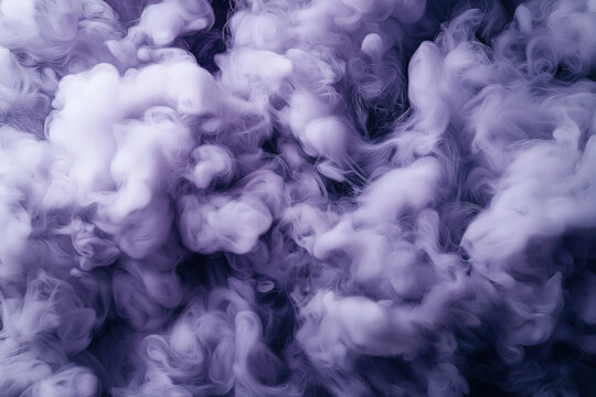 Abstract image of swirling purple and white smoke or vapor clouds creating a textured and dynamic background with soft, flowing shapes.