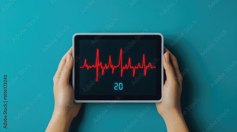 Poster hands holding a digital heart rate monitor device with vital health data displayed on the screen con