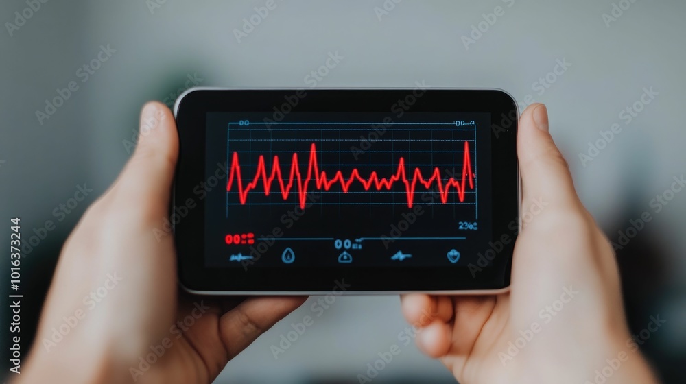 Aufkleber close up hands holding a digital heart rate monitor device displaying vital heart rate data and trac