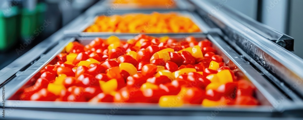 Poster robotic arm precisely placing various food ingredients on a conveyor belt within an automated state 