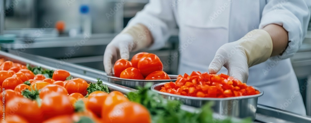Poster robotic arm precisely placing various ingredients on a conveyor belt in a modern automated food proc