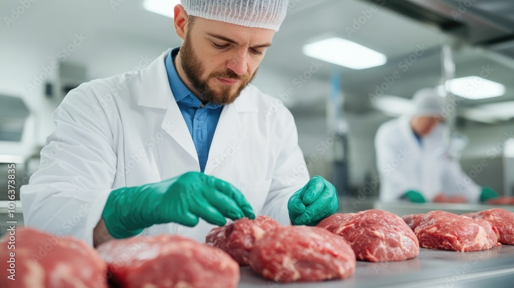 Poster scientist examining the development and analysis of plant based meat alternatives in a laboratory se