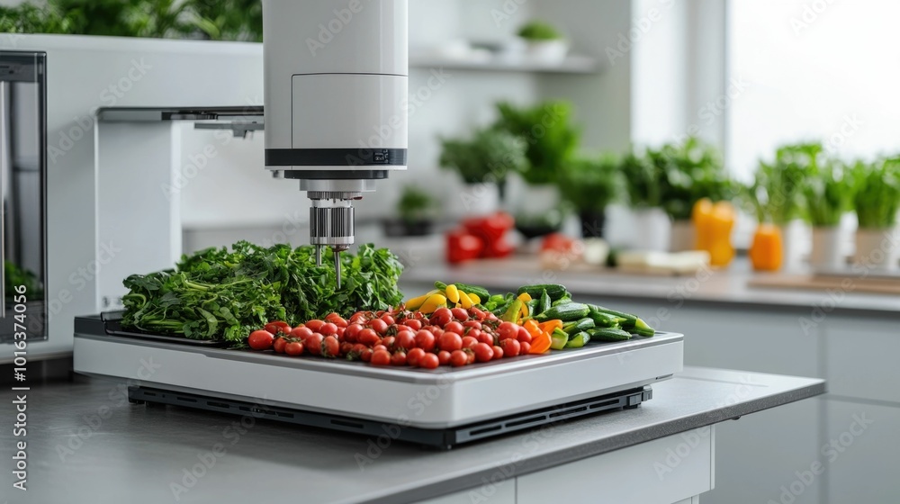 Poster automated machine slicing vegetables with precision in a modern kitchen showcasing the latest advanc
