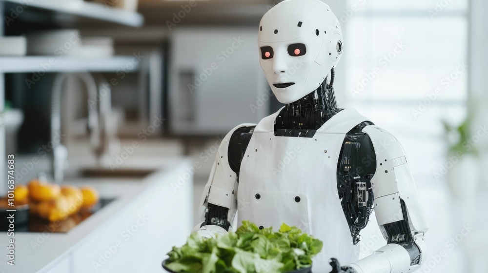 Poster robotic chef utilizing advanced and automation to effortlessly prepare a gourmet culinary masterpiec