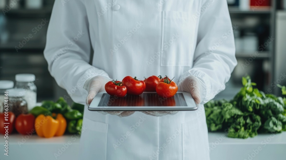 Poster intelligence analyzing nutritional data on a digital tablet in a food laboratory for data driven foo